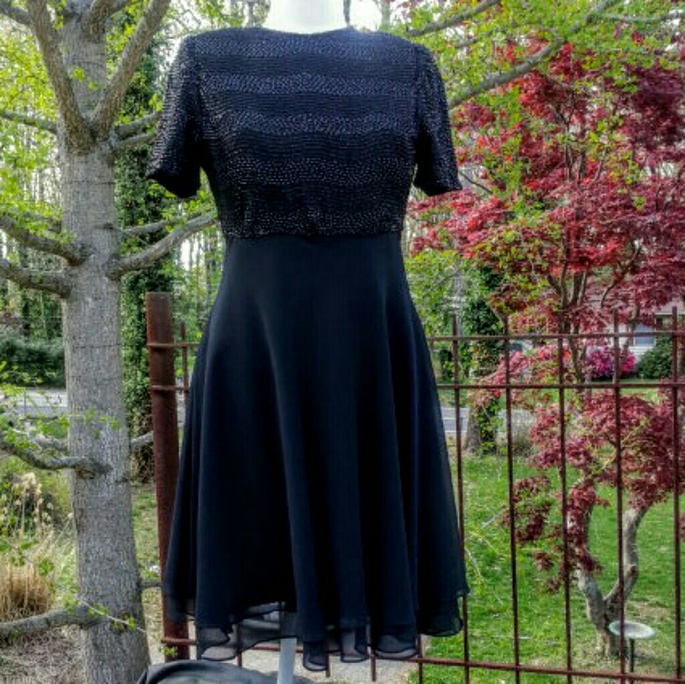 Laurence Kazar Vintage beaded bodice chiffon skirt black midi dress Petite SM